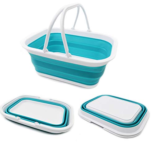 SAMMART 15.5L (4.1 galones) bañera plegable con asa, cesta de picnic portátil al aire libre, bolsa de la compra plegable, contenedor de almacenamiento para ahorrar espacio (azul brillante)