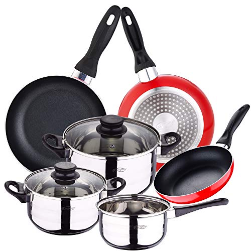 San Ignacio PK2356 Batería de cocina 5 piezas acero inoxidable y set 3pcs sartenes 16/20/24 rojo, aluminio prensado, inducción