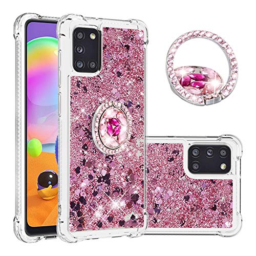 SEEYA Funda Glitter Líquido para Samsung Galaxy A31 Carcasa con Anillo Diamante Silicona Transparente Brillante Cristal Caso Gel Suave Flexible y Ligera Cover Diseño Corazón Oro Rosa