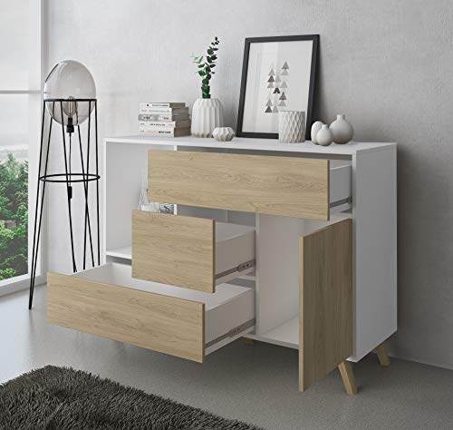 SelectionHome - Mueble Aparador Salon Comedor 1 Puerta y 3 cajones, Buffet, modelo Wind, color Blanco y Puccini, Medidas: 120 cm (largo) x 40 cm (fondo) x 85,6 cm (alto)