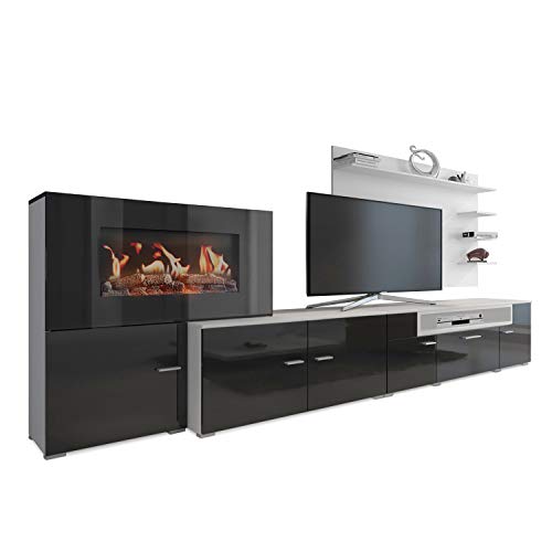 SelectionHome - Mueble salón Comedor con Chimenea eléctrica, Acabado Blanco Mate y Negro Brillo Lacado, Medidas: 290 x 170 x 45 cm de Fondo