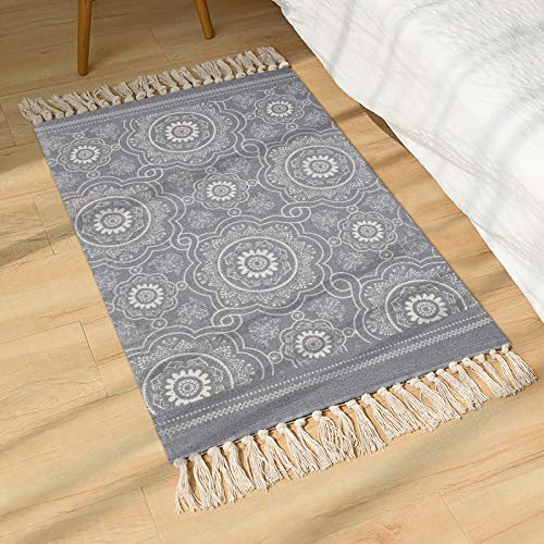 SHACOS Alfombra Tejida a Mano con borlas,alfombras de algodón Estampadas geométrica/Esterilla Lavable Ideal para Puertas,cocinas,Sotano etc.-60 x 90 cm