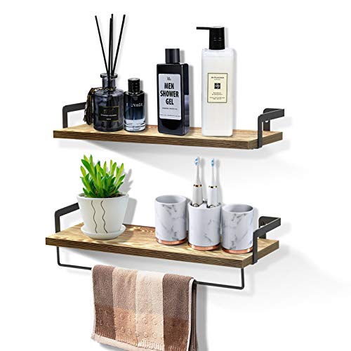 SHAN ZU Juego de 2 estantes flotantes montados en la Pared, Estante de Madera rústica con Barra de Toalla de Metal para Dormitorio, baño, Cocina, Organizador de 41 x 15 x 1,5 cm SHAN ZU Juego de 2 estantes flotantes montados en la Pared, Estante de Madera rústica con Barra de Toalla de Metal para Dormitorio, baño, Cocina, Organizador de 41 x 15 x 1,5 cm