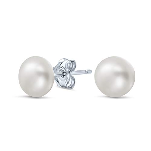 Simple básico botón blanco de agua dulce perla cultivada pendientes para las mujeres 925 plata de ley 7MM
