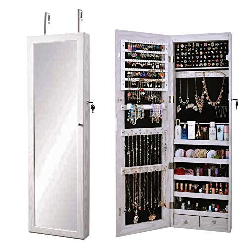 SogesHome Armario de joyería montado en la pared/puerta, espejo de longitud completa, organizador de joyas con cerradura para anillos, pendientes, pulseras, broches y maquillaje, blanco,SH-QH-7025-W SogesHome Armario de joyería montado en la pared/puerta, espejo de longitud completa, organizador de joyas con cerradura para anillos, pendientes, pulseras, broches y maquillaje, blanco,SH-QH-7025-W