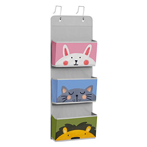 SONGMICS Bolsa Colgante Infantil, Organizador de Puerta y Pared Infantil, 3 Bolsillos y 2 Ganchos, 33 x 11,5 x 90 cm, Tema de Animales, para Armario, habitación, Rojo, Azul, Verde y Gris RFB731P01