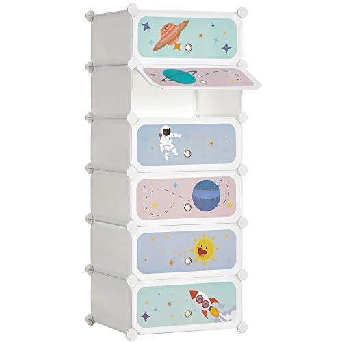 SONGMICS Estantería Modular Infantil de 6 Cubos, Zapatero para niños, Estantería plástico, Armario Modular con Puertas, para Ropa, Zapatos, Juguetes, 43 x 31 x 105 cm, Blanco LPC904W01