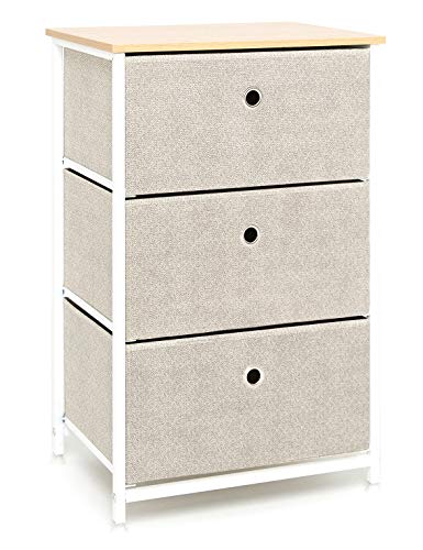 Suhu Cómoda Cajonera con 3 cajón Almacenaje Armario Tela Mesitas de Noche Mesa Auxiliar Cama Comodas Cajones Estrecho Gabinete Pequeño para Baño Trastero Salon Dormitorio Madera+Metal Blanca+Beige