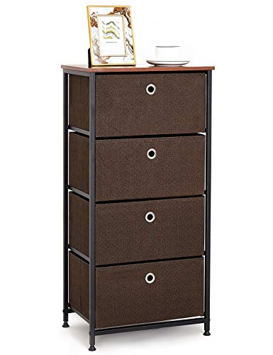 Suhu Cómoda Cajonera con 4 cajón Almacenaje Armario Tela Mesitas de Noche Mesa Auxiliar Cama Comodas Cajones Estrecho Gabinete Pequeño para Baño Trastero Salon Dormitorio Madera+Metal Negro+Marrón