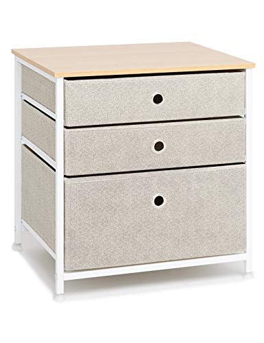 Suhu Mesitas de Noche con 3 cajón Cómoda Cajonera Mesilla de Noche Almacenaje Armario Tela Mesa Auxiliar Cama Sofa Comodas Cajones Gabinete Pequeño para Salon Dormitorio Madera+Metal Blanca+Beige