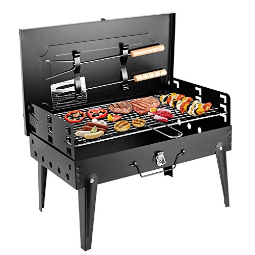 SunJas Barbacoa Portátil Barbacoa de Carbón Plegable con Parrillas de Acero Inoxidable Asador al Aire Libre Mini BBQ para 4-6 Personas para Jardin, Picnic, Camping - Color Negro