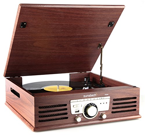 Sunstech PXR3 - Tocadiscos (33 y 45 rpm, USB, FM), color marrón
