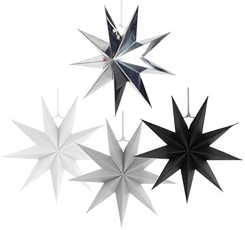 Sweelov Juego de 4 estrellas plegables de papel de 30 cm, 9 puntas, para decoración de árbol de Navidad, color blanco, gris y negro