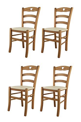 t m c s Tommychairs - Set 4 sillas Cuore para Cocina y Comedor, Estructura en Madera de Haya Color Roble y Asiento tapizado en Polipiel Color Marfil