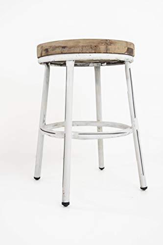 Taburete Bajo Metal y Madera TOM Blanco Vintage Sam, Asiento de Madera, 49x35cm. Incluye Imán Personalizable de Regalo.