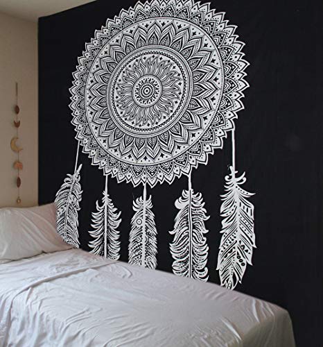 Tapiz Raajsee de algodón indio con diseño de mandala color negra y blanca para colgar en la pared, 220 x 230 cm, algodón, negro, 220*240 cms