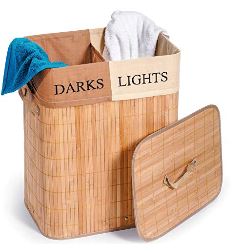 Tatkraft Fortuna Cesta de Ropa de Bambú con Tapa, Cesto de Mimbre para Ropa Sucia con 2 Compartimentos, Cubo de la Colada con Sistema de Ventilación, Hecho de Bambú 100% Natural y Bolsa de Tela, Capacidad de 60L Tatkraft Fortuna Cesta de Ropa de Bambú con Tapa, Cesto de Mimbre para Ropa Sucia con 2 Compartimentos, Cubo de la Colada con Sistema de Ventilación, Hecho de Bambú 100% Natural y Bolsa de Tela, Capacidad de 60L