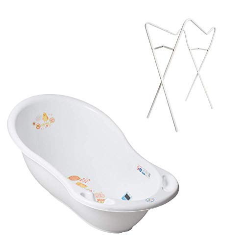 Tega Baby ® - Bañera ergonómica para bebés de 86 cm, juego de 3 piezas con estructura plegable + tapón para drenaje de agua y termómetro integrado para bañera de bebé de 0 - 12 meses blanco Folk - Color blanco