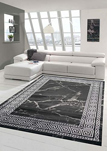 Teppich-Traum Alfombra Salón Aspecto mármol con Borde clásico en Plata Negro Größe 80 x 300 cm