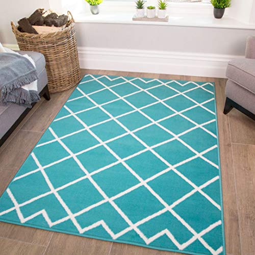 The Rug House Alfombra para niños con diseño de Entramado geométrico de Diamantes en Colores Azul Huevo de Pat y Turquesa para la Sala de Estar, salón, Cocina y dormitorios 120cm x 170cm