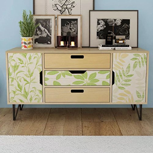 tidyard Mesa para TV con Diseño Escandinavo,Mueble Comedor,Aparador,Mueble Auxiliar,Mesa Baja,Cómoda con 3 Cajones y 2 Compartimentos de Almacenaje con Puertas,Marrón Blanco y Verde,110x35x57cm