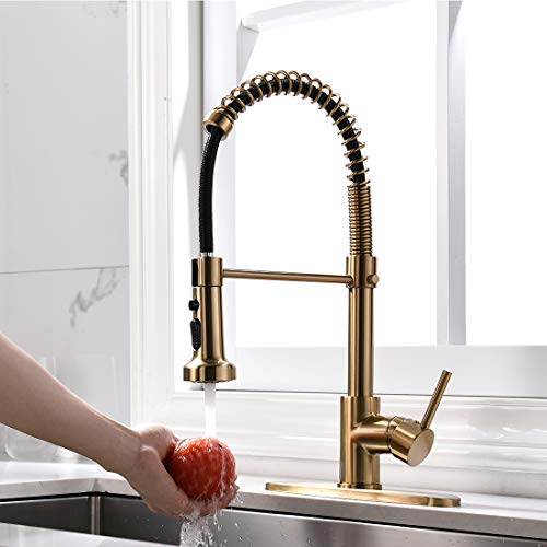 TIMACO Grifo de cocina dorado cepillado con rotación de 360 grados con grifo mezclador de rociador oculto Grifo de cocina profesional de una sola manija con grifo TIMACO Grifo de cocina dorado cepillado con rotación de 360 grados con grifo mezclador de rociador oculto Grifo de cocina profesional de una sola manija con grifo