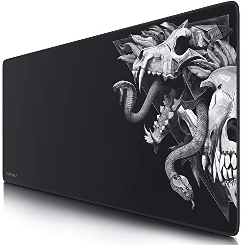 Titanwolf – Alfombrilla gaming para ratón 900 x 400 – mouse pad - precisión y velocidad - parte inferior de goma para una sujeción estable - antideslizante, resistente al agua – Wolf Skull