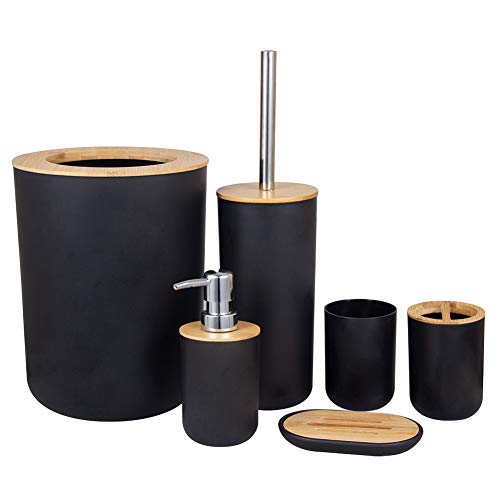 Tongdejing - Juego de accesorios de baño de madera de bambú, 6 cs, set de regalo para inodoro, dispensador de jabón, cubo de residuos, soporte para cepillo de dientes, juego de tazas de jabón