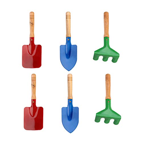 TOYANDONA Juego de 6 herramientas de jardín para niños con espátula de pala, mango de madera, para niños, niñas, niños y jóvenes, mini herramientas de jardín para la playa