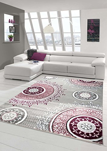 Traum Alfombra de diseño contemporáneo alfombra alfombra clásico patrón adornos circulares en crema gris lavanda rosa Größe 200 x 290 cm