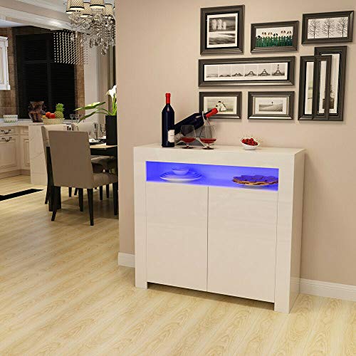 TUKAILAI - Aparador moderno de color blanco brillante mate con luces LED y 2 puertas, estantería de almacenamiento para comedor, sala de estar, cocina, oficina