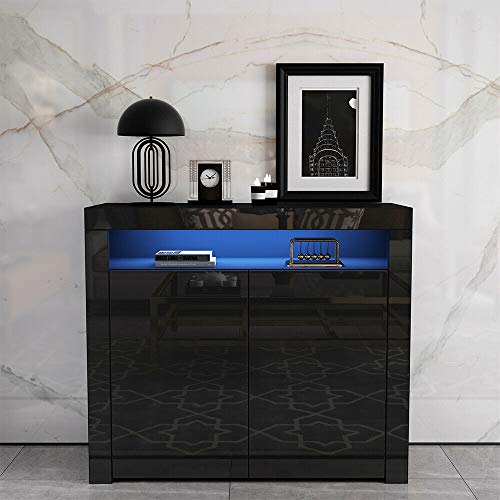 TUKAILAI - Aparador moderno de color negro brillante mate con luces LED, estantería de almacenamiento, para comedor, sala de estar, cocina, oficina
