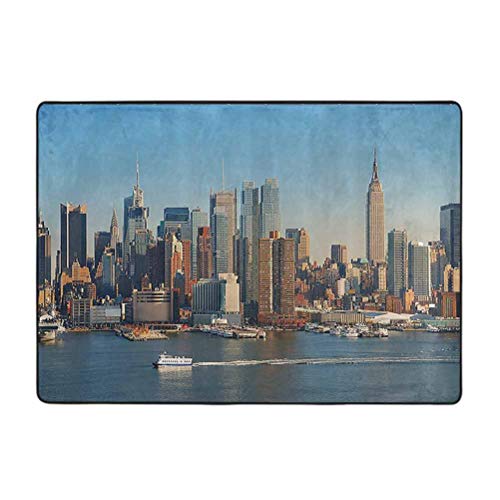 Urban Area Rug, New York City Skyline Over Hudson River Empire State Building barcos y rascacielos, 3.3 x 5.25 pies alfombras de lujo para el hogar, guardería, cama y sala de estar