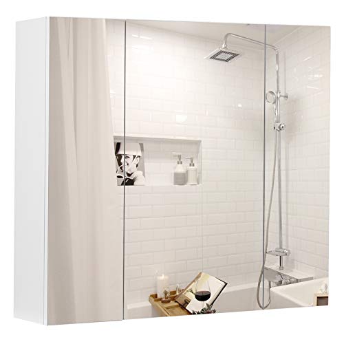 VASAGLE Armario de Pared del Baño, Armario con Espejo, Armario de Almacenamiento de 3 Puertas, 60 x 15 x 55 cm, con Estante Ajustable, Moderno, Blanco BBK22WT