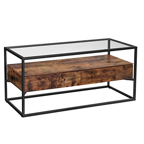 VASAGLE Armario para TV de hasta 55 Pulgadas, Mueble TV con 2 Cajones, Mesa de TV, Tapa de Vidrio Templado, Estable, para Dormitorio, Salón, Estilo Industrial, Marrón Rústico y Negro LTV051B01 VASAGLE Armario para TV de hasta 55 Pulgadas, Mueble TV con 2 Cajones, Mesa de TV, Tapa de Vidrio Templado, Estable, para Dormitorio, Salón, Estilo Industrial, Marrón Rústico y Negro LTV051B01