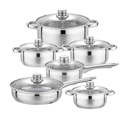 Velaze Baterías Utensilios de Cocina, 12 Piezas de Ollas y Sartenes Antiadherente, Serie Motti, Juego Olla de Acero Inoxidable 18/10 con Tapa Cristal, Apto Inducción, Gas y Horno - Color Plata