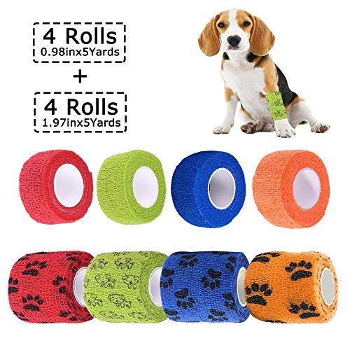 Venda Autoadhesivo, Cohesivas Cinta Banda Auto adherentes Vendaje elástico para Perros Caballos Animales, Wrap Vendas, en 4 colores, 2.5cm x 4.5m (4 rollos), 5cm x 4.5m (4 rollos)