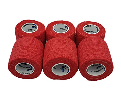 Venda Cohesiva Rojo 6 Rollos x 5 cm x 4,5 m Autoadhesivo Flexible Vendaje, Calidad Profesional, Primeros Auxilios, Lesiones de los Deportes, Rodillos embalados Individualmente - Pack de 6