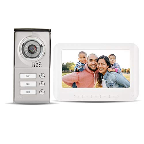 Videoportero Timbre de la puerta, Bewinner Pantalla LCD TFT a color de 7 pulgadas 4 Intercomunicador de video con intercomunicador Timbre, 3 Interfono con monitor interior para 3 familias vecinas (UE)