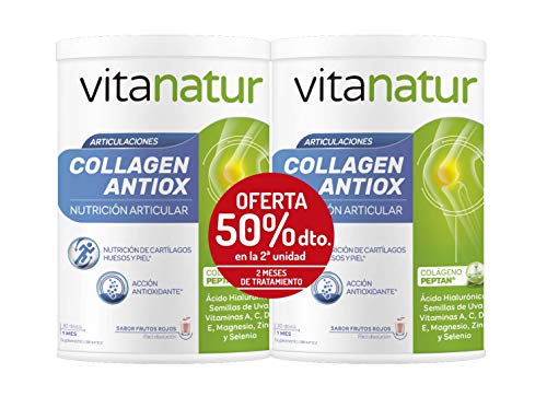 VITANATUR COLLAGEN ANTIOX pack 2 Botes x 360g - Complemento alimenticio colágeno Peptan, ácido hialurónico, Regenerador y antioxidante, Polvos sabor frutos rojos, Incluye dosificador