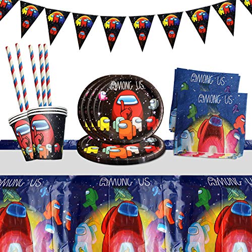 Yisscen Juego de vajilla para fiestas, decoración de cumpleaños para niños, Among us fiestas de cumpleaños infantiles, platos, tazas, servilletas, manteles, pajitas, banners (52 piezas)