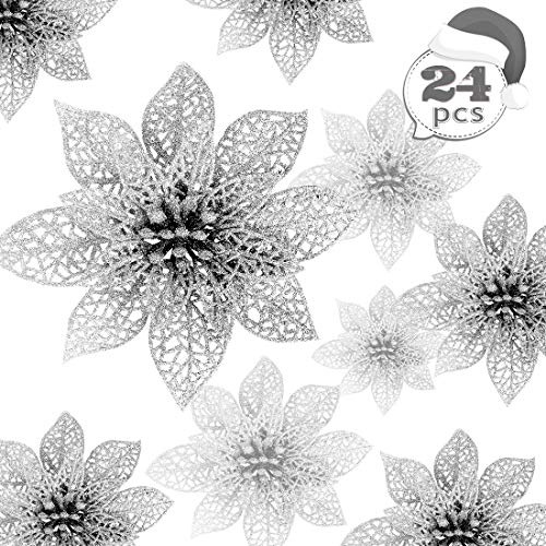 Zaloife Poinsettia Adorno, 24 Brillante Flores de Árbol de Navidad Colgantes Navidad Adornos, Flores de Navidad Boda, Artificial Árbol de Navidad Guirnaldas, Decoración de Árbol de Navidad (Plata)