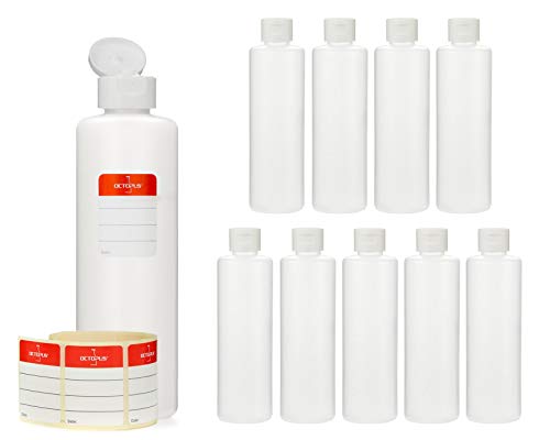 10 botellas de plástico de Octopus de 250 ml, botellas de plástico de HDPE con tapones abatibles blanco, botellas vacías con tapa abatible blanco, botellas redondas con etiquetas para marcar