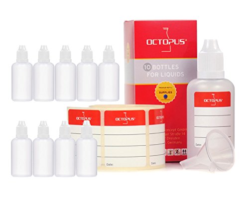 10 x 50 ml Octopus frascos cuentagotas para la dosificación de líquidos, E- líquidos, colirios, frascos vacíos de plástico PEBD transparente, frascos de plástico con tapa blanco cuentagotas, cierre de seguridad para niños, también incluye 10 etiquetas par