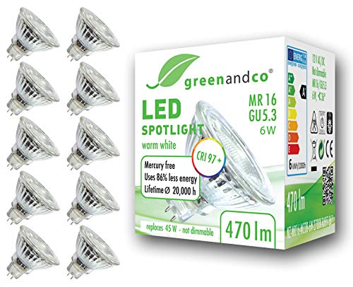 10x Spot LED greenandco® IRC 97+ 2700K 36° GU5.3 MR16 6W (corresponde a 45W) 470lm SMD LED 12V AC/DC, no regulable