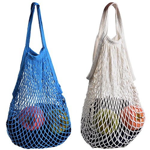 2 bolsas de red de Stonges organizadora para las compras, de algodón, respetuosas con el medio ambiente y fáciles de transportar white+blue