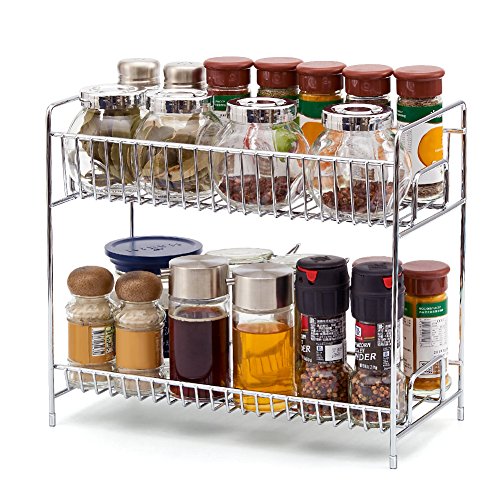 2 Niveles Estantería, EZOWare Cocina Baño Estante Especiero de Pie Libre Encimera Organizador Multiuso para Especias/Hierbas, Condimentos, Jabones, Botelas, Frascos - Cromo