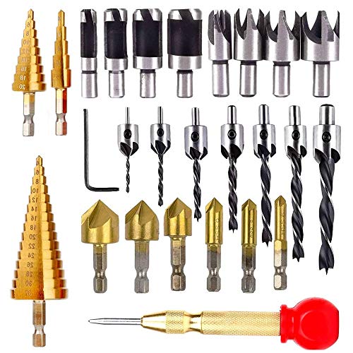 26 Piezas de Herramientas de Broca de Avellanado para Carpintería para Madera, Orificios de Perforación de Bricolaje, Brocas de Tres Puntas con llave en L, Cortador de Tapones, Broca de 3 pasos 26 Piezas de Herramientas de Broca de Avellanado para Carpintería para Madera, Orificios de Perforación de Bricolaje, Brocas de Tres Puntas con llave en L, Cortador de Tapones, Broca de 3 pasos