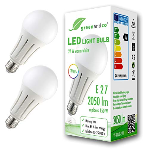 2x Bombilla LED greenandco® IRC 90+ E27 24W (corresponde a 150W) opaca 2050lm 3000K (blanco cálido) 270° 230V AC, sin parpadeo, no regulable