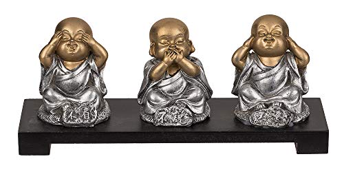 3 Figuras de poliresina en un tazón de Madera, Buda, Aprox. 20 x 9 cm